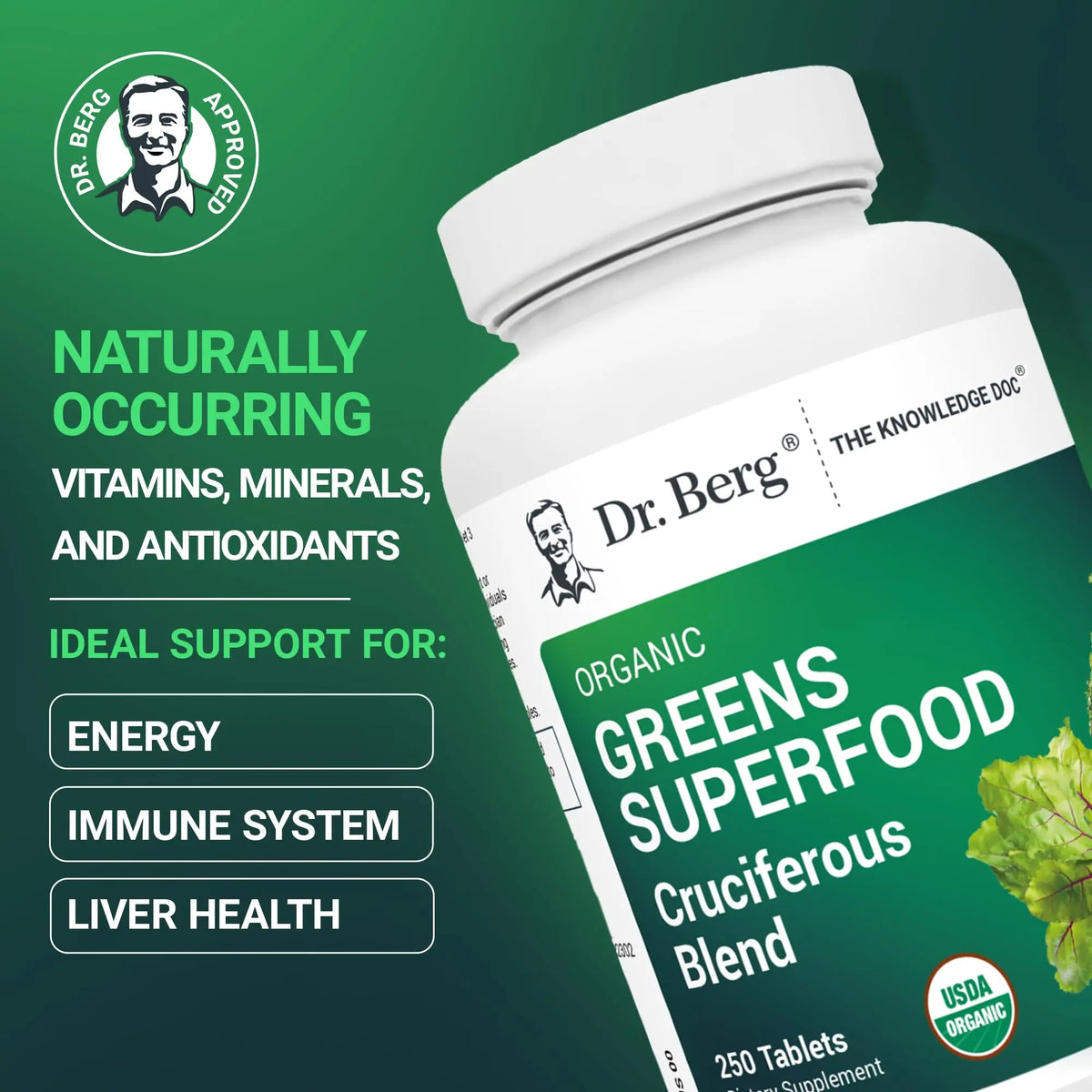 Dr Berg Nutritionals Greens Superfood Tablets – 11 Phytonutrient Cruciferous Veg, 250 Tablets BritishVita | Premium UK Vitamins & Wellness Supplements