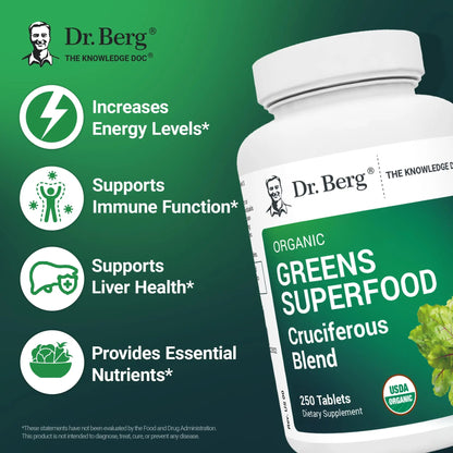 Dr Berg Nutritionals Greens Superfood Tablets – 11 Phytonutrient Cruciferous Veg, 250 Tablets BritishVita | Premium UK Vitamins & Wellness Supplements