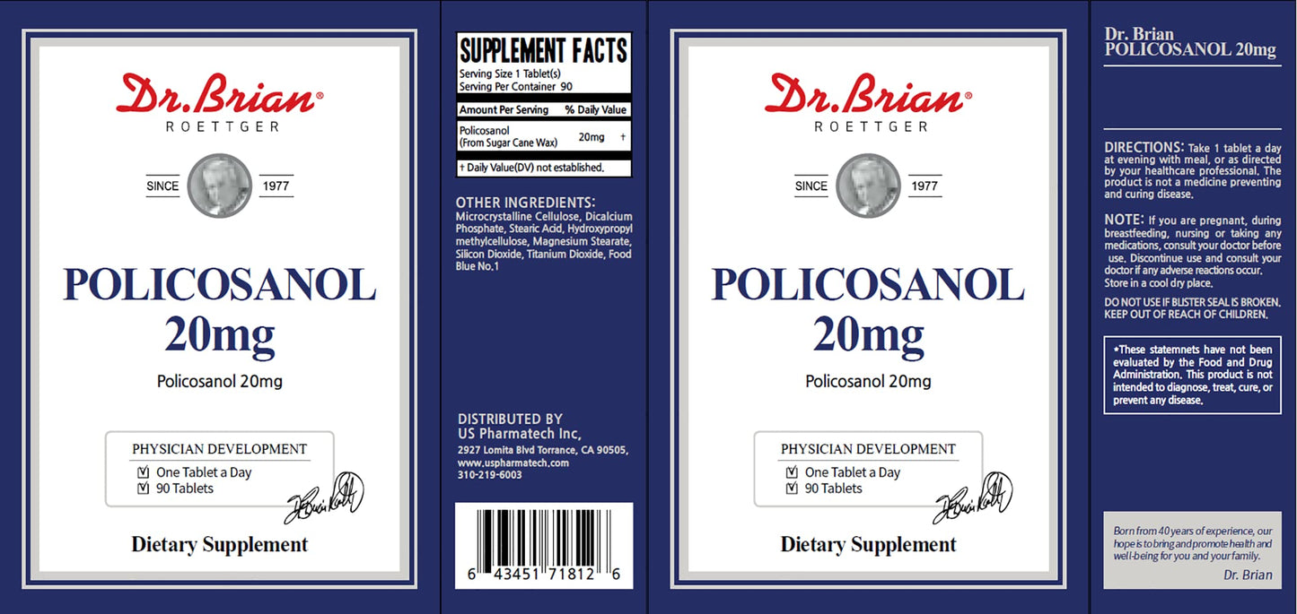 Dr. Brian Policosanol 20mg | 90 Policosanol Tablets for Heart Health Support | Non-GMO, Vegan, Gluten Free, Dairy Free