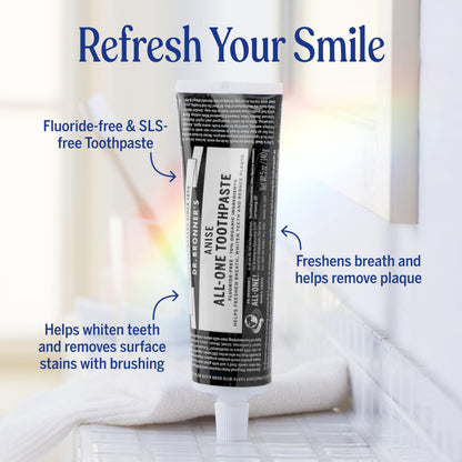 Dr. Bronner’s All-One Toothpaste (Anise, 5 oz, 3-Pack) - 70% Organic, Fluoride-Free, SLS-Free, Vegan