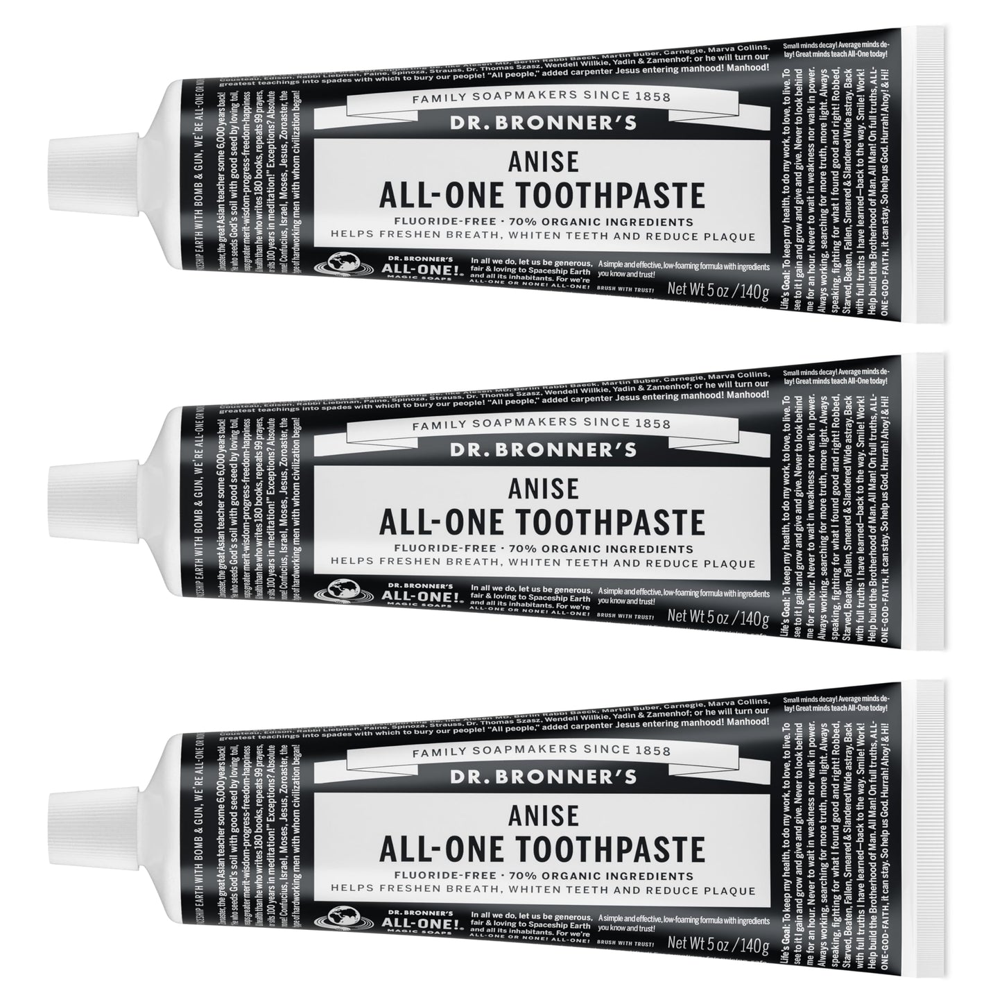 Dr. Bronner’s All-One Toothpaste (Anise, 5 oz, 3-Pack) - 70% Organic, Fluoride-Free, SLS-Free, Vegan