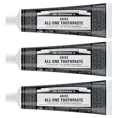 Dr. Bronner’s All-One Toothpaste (Anise, 5 oz, 3-Pack) - 70% Organic, Fluoride-Free, SLS-Free, Vegan