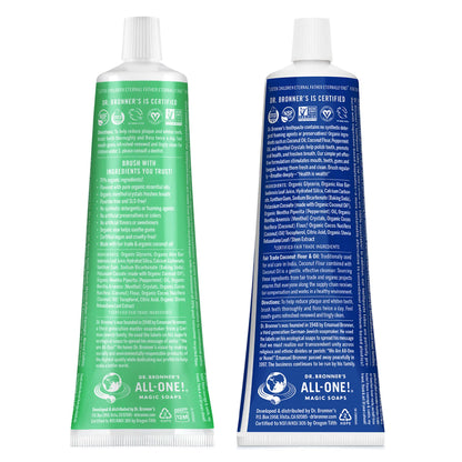 Dr. Bronner’s All-One Toothpaste Variety Pack – Peppermint & Spearmint, 70% Organic, Fluoride-Free, Vegan (5oz, 2-Pack)