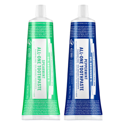 Dr. Bronner’s All-One Toothpaste Variety Pack – Peppermint & Spearmint, 70% Organic, Fluoride-Free, Vegan (5oz, 2-Pack)