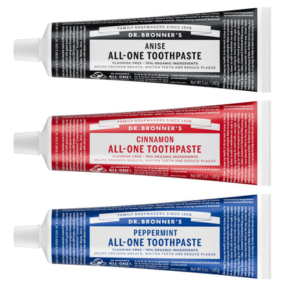 Dr. Bronner's All-One Toothpaste 3-Pack Variety - Peppermint, Cinnamon & Anise (5 oz each) - 70% Organic, SLS Free, Fluoride Free