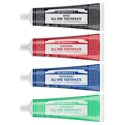 Dr. Bronner's All-One Toothpaste 4-Pack Variety (Peppermint, Spearmint, Cinnamon & Anise) – 5 oz Each | SLS Free, Fluoride Free, Vegan