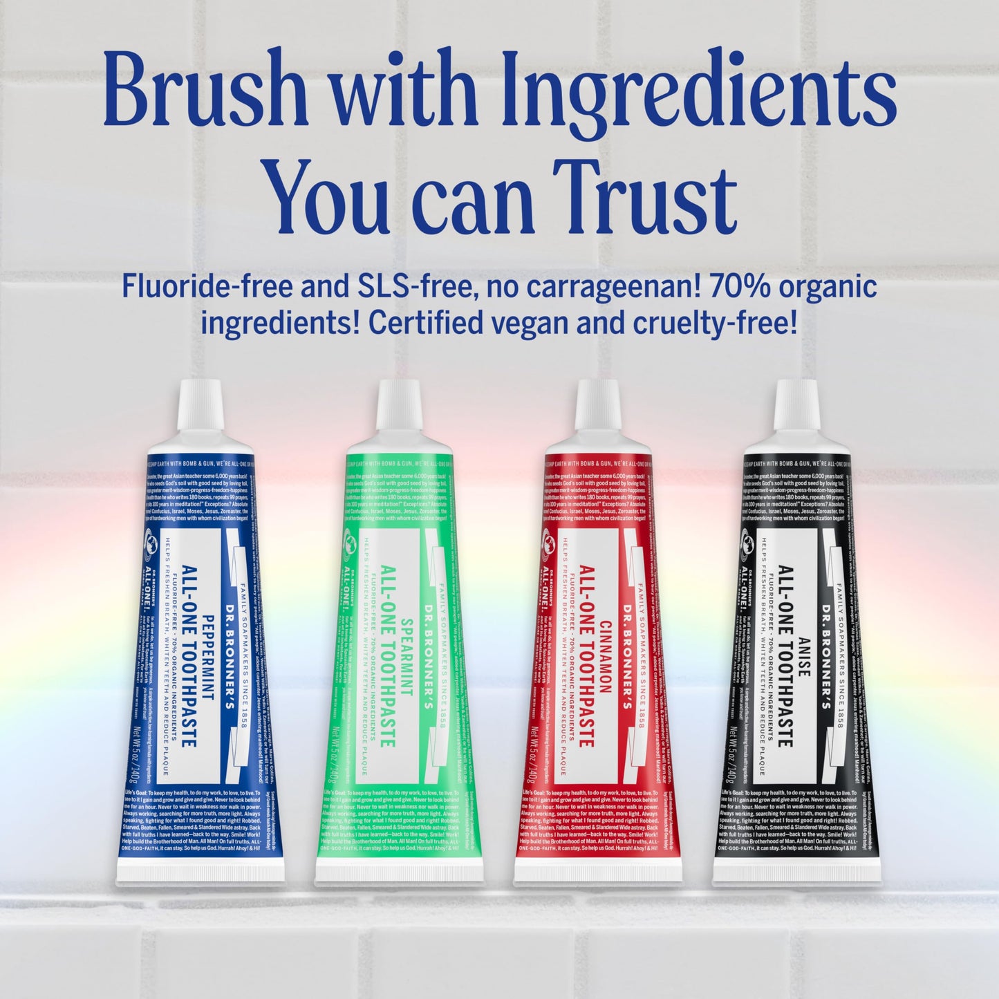 Dr. Bronner's All-One Toothpaste 4-Pack Variety (Peppermint, Spearmint, Cinnamon & Anise) – 5 oz Each | SLS Free, Fluoride Free, Vegan