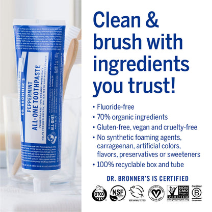Dr. Bronner’s All-One Toothpaste Variety Pack – Peppermint & Spearmint, 70% Organic, Fluoride-Free, Vegan (5oz, 2-Pack)