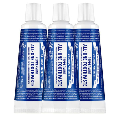 Dr. Bronner’s All-One Toothpaste Peppermint 3-Pack – 1 oz Each, 70% Organic