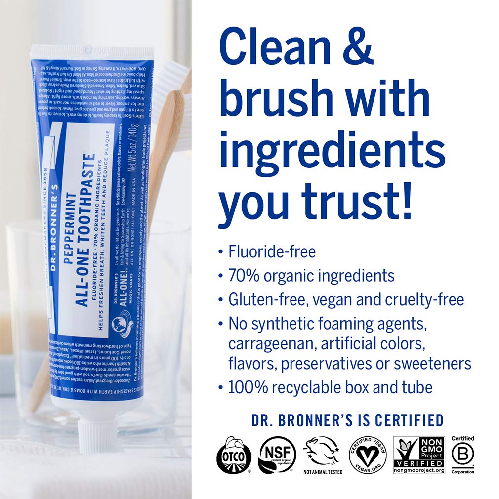 Dr. Bronner’s All-One Toothpaste - Peppermint, 5 oz | 70% Organic, Fluoride-Free, SLS-Free, Vegan