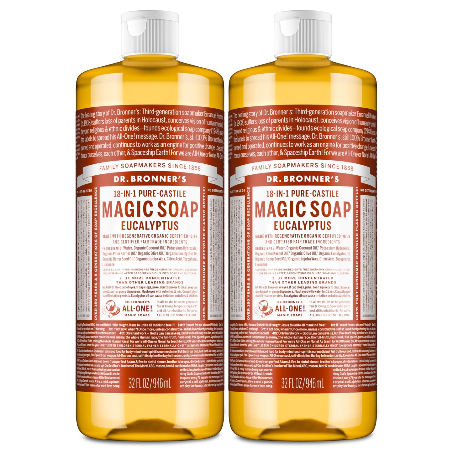 Dr. Bronner's Magic Soap - Pure-Castile Eucalyptus Liquid Soap (2-Pack, 32 oz) | 18-in-1 Uses