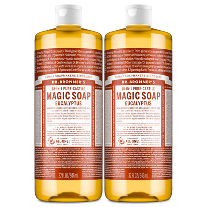 Dr. Bronner's Magic Soap - Pure-Castile Eucalyptus Liquid Soap (2-Pack, 32 oz) | 18-in-1 Uses