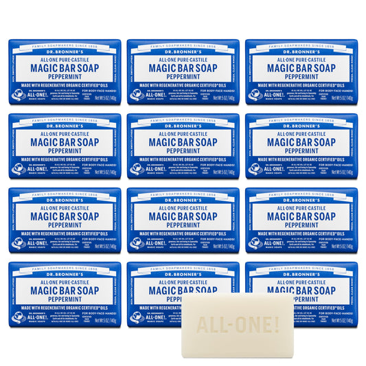 Dr. Bronner's Pure-Castile Magic Bar Soap Peppermint (5oz, 12-Pack) – Regenerative Organic Certified Oils, Vegan, Cruelty-Free British Harmonia | Natural Makeup & Fragrance by British Harmonia UK