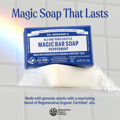 Dr. Bronner's Pure-Castile Magic Bar Soap Peppermint (5oz, 12-Pack) – Regenerative Organic Certified Oils, Vegan, Cruelty-Free