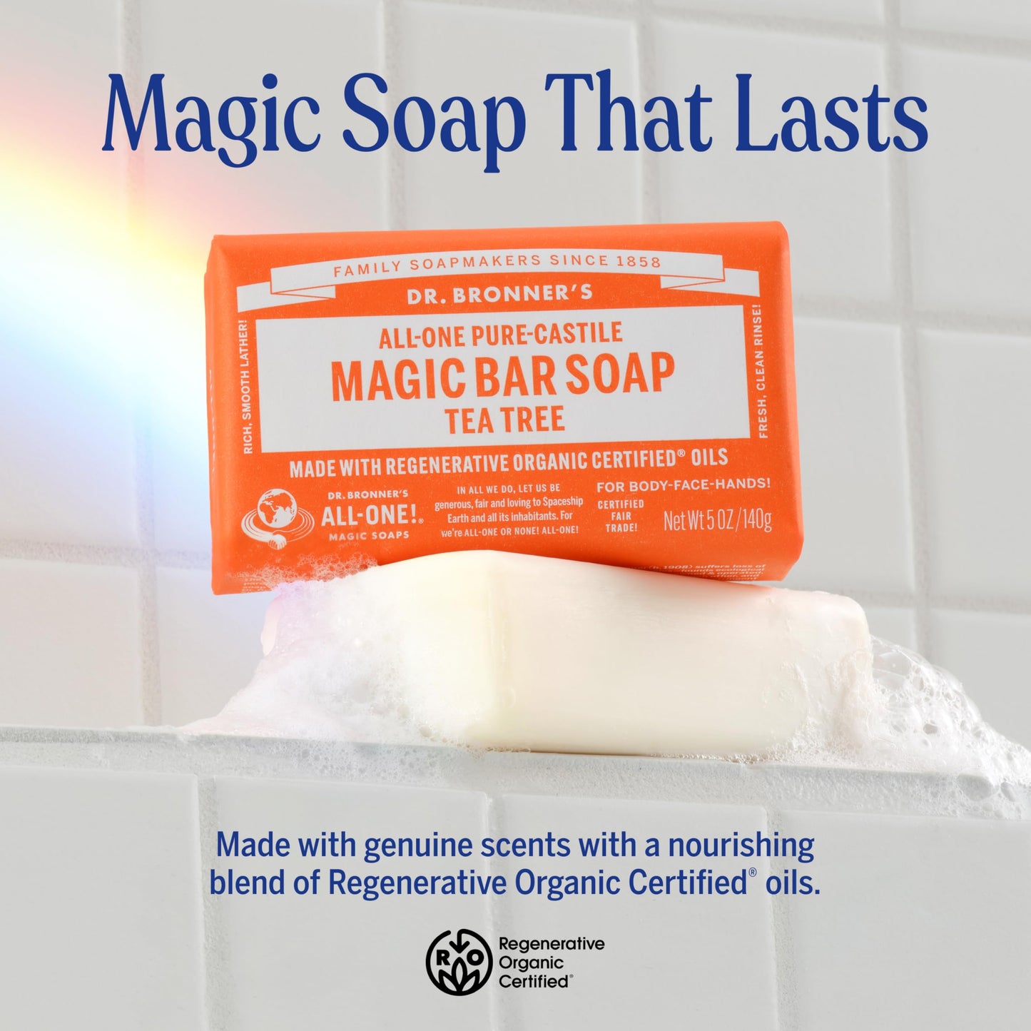 Dr. Bronner's Tea Tree Pure-Castile Magic Bar Soap – Regenerative Organic Oils, Face/Body/Hair (5oz, 12-Pack)