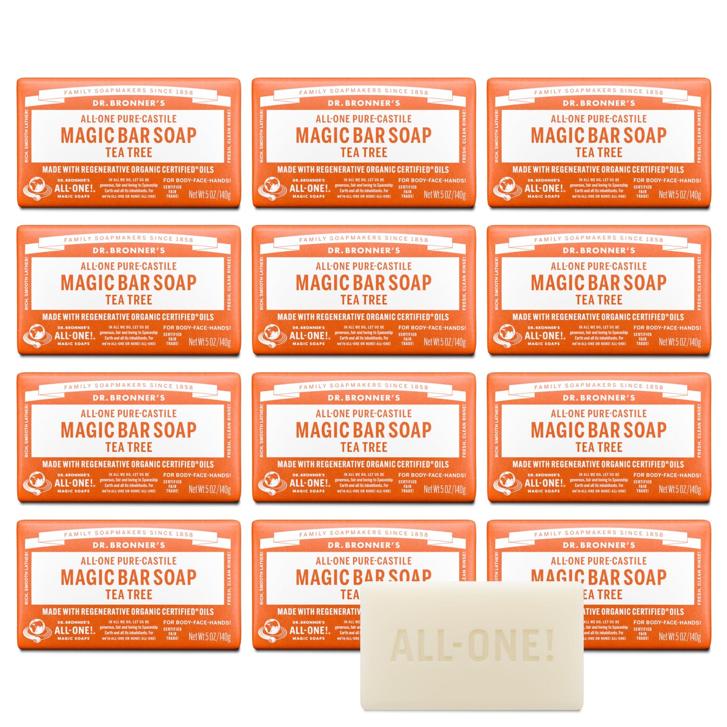 Dr. Bronner's Tea Tree Pure-Castile Magic Bar Soap – Regenerative Organic Oils, Face/Body/Hair (5oz, 12-Pack)