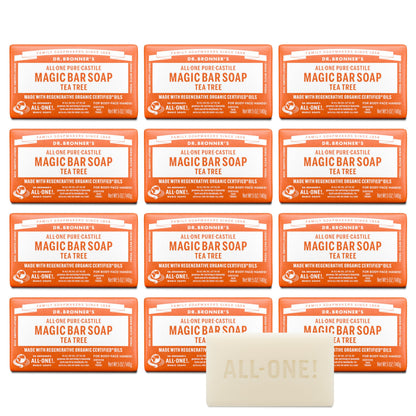 Dr. Bronner's Tea Tree Pure-Castile Magic Bar Soap – Regenerative Organic Oils, Face/Body/Hair (5oz, 12-Pack)