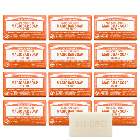 Dr. Bronner's Tea Tree Pure-Castile Magic Bar Soap – Regenerative Organic Oils, Face/Body/Hair (5oz, 12-Pack) British Harmonia | Natural Makeup & Fragrance by British Harmonia UK