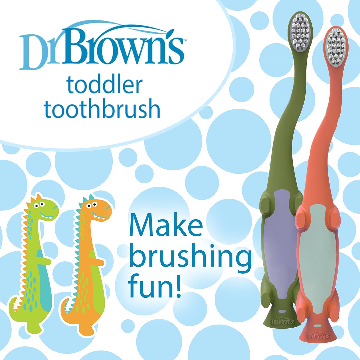 Dr. Brown's Dinosaur Toddler Toothbrush – Green & Orange, 2-Pack