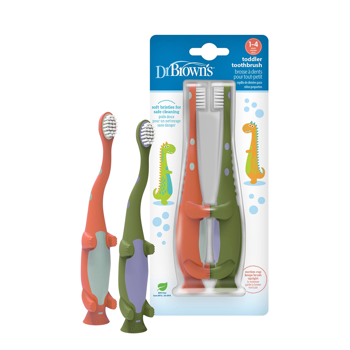 Dr. Brown's Dinosaur Toddler Toothbrush – Green & Orange, 2-Pack
