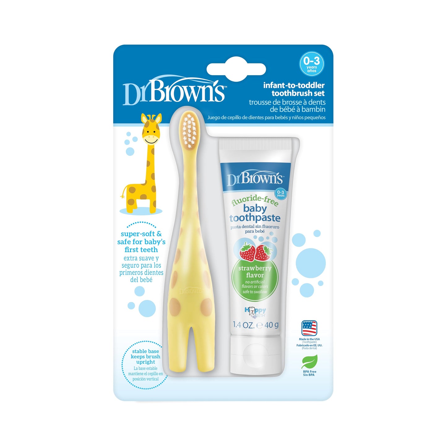Dr. Brown's Infant-to-Toddler Toothbrush Set with Fluoride-Free Strawberry Toothpaste - Giraffe (0-3 yrs)