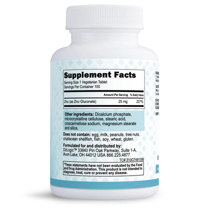 Dr. Dzugan's Advanced Zinc Gluconate Formula – 100 Tablets 25mg | Non-GMO, GMP Certified, Gluten Free, Vegetarian | Immune Function