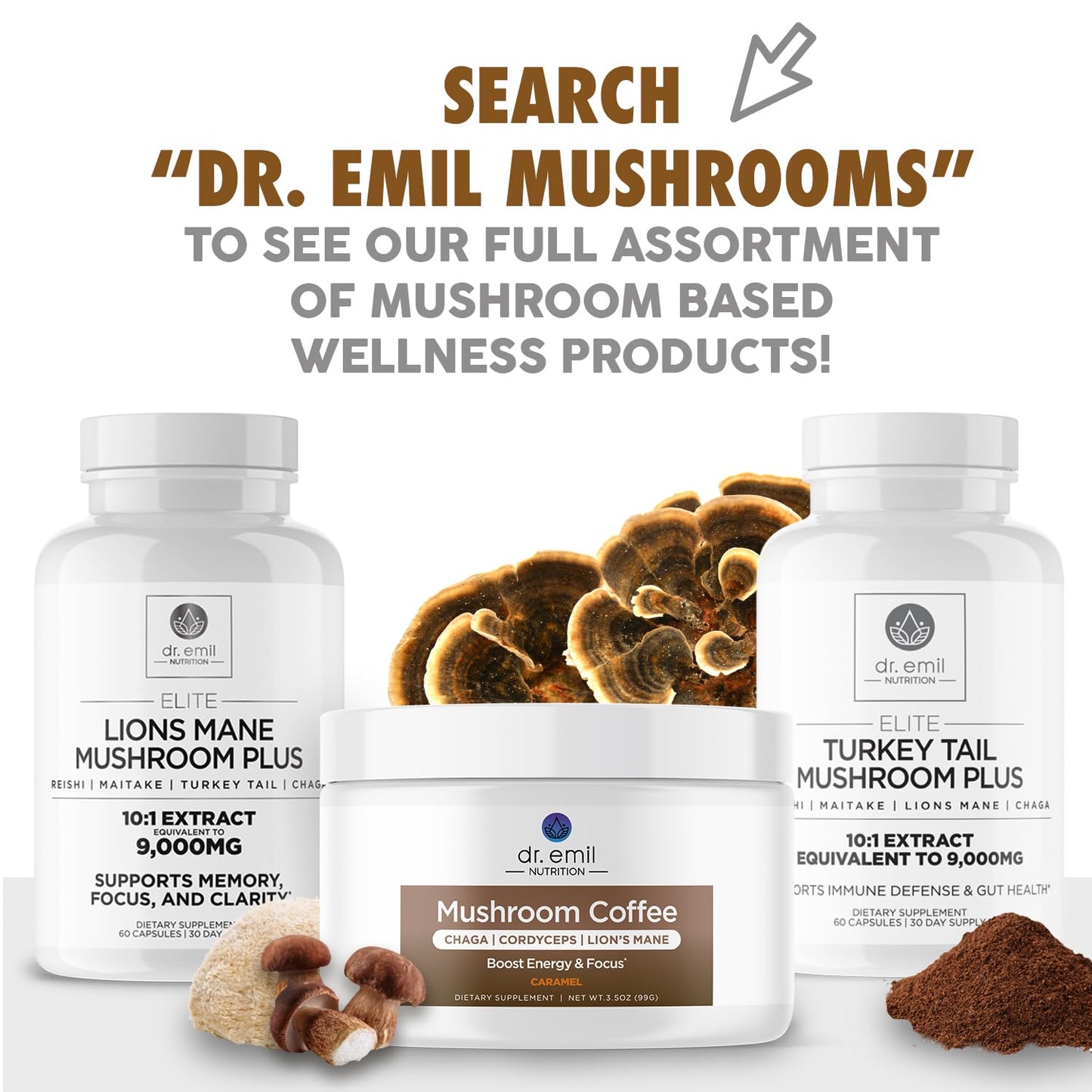 Dr. Emil Nutrition Turkey Tail Mushroom Capsules – Immunity & Gut Health Formula with Lion's Mane, Chaga, Reishi & Maitake