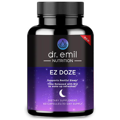 DR. EMIL NUTRITION EZ Doze Melatonin-Free Natural Sleep Aid with L-Theanine, GABA & 5HTP – Extra Strength Sleeping Pills for Adults – 60 Veggie Capsules