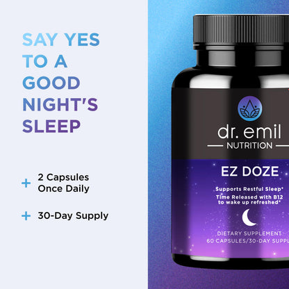 DR. EMIL NUTRITION EZ Doze Melatonin-Free Natural Sleep Aid with L-Theanine, GABA & 5HTP – Extra Strength Sleeping Pills for Adults – 60 Veggie Capsules