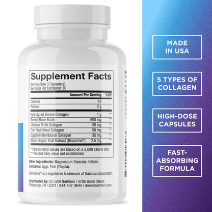 DR. EMIL NUTRITION Women's Multi Collagen Pills | Hydrolyzed Collagen for Hair, Skin, Nails & Joints | Types I, II, III, V & X | 90 Capsules