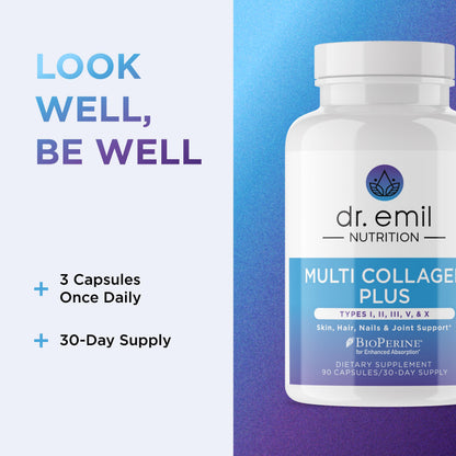 DR. EMIL NUTRITION Women's Multi Collagen Pills | Hydrolyzed Collagen for Hair, Skin, Nails & Joints | Types I, II, III, V & X | 90 Capsules