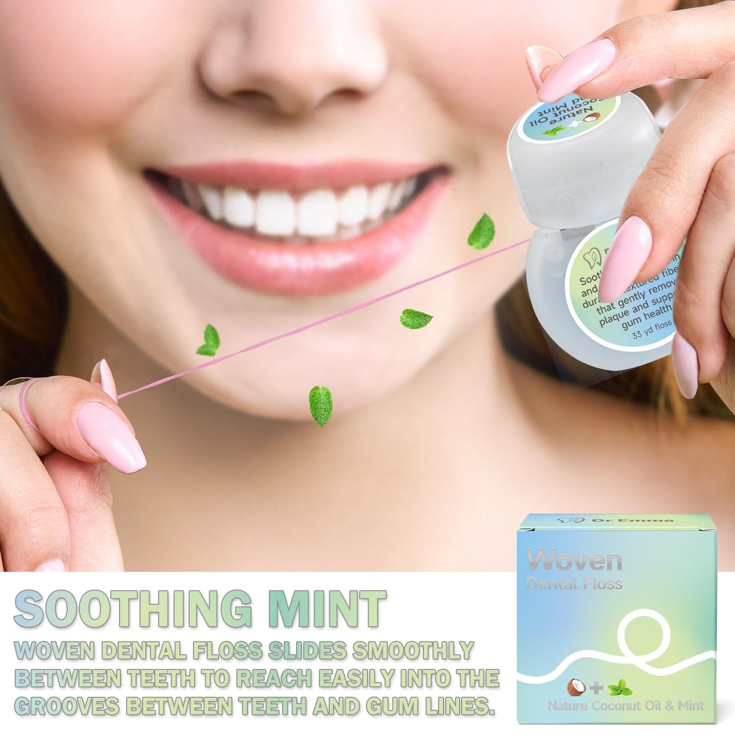 Dr. Emma Woven Dental Floss – Coconut Oil Infused, Expanding, Mint, 33 yd (Pack of 2)