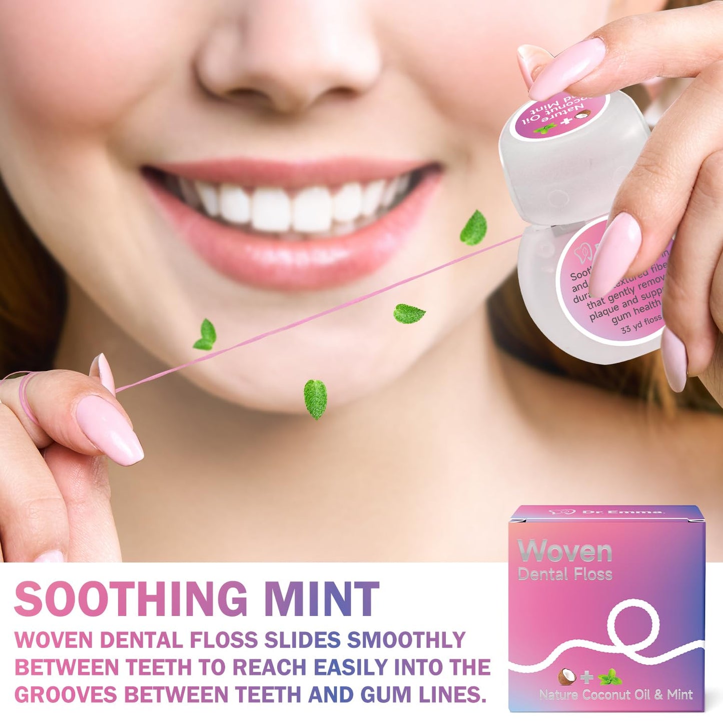 Dr. Emma Woven Dental Floss – Coconut Oil Infused Expanding Mint Floss (33 yd, Pack of 2)