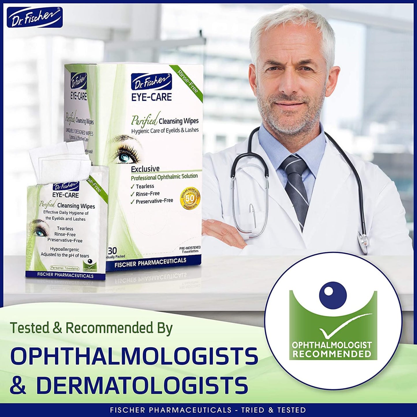 Dr. Fischer Eyelid Wipes – Hypoallergenic, Preservative-Free Eye Cleaning Wipes (Twin Pack)