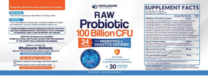 Wholesome Wellness Organic Raw Probiotics – 100B CFU, 30 Caps