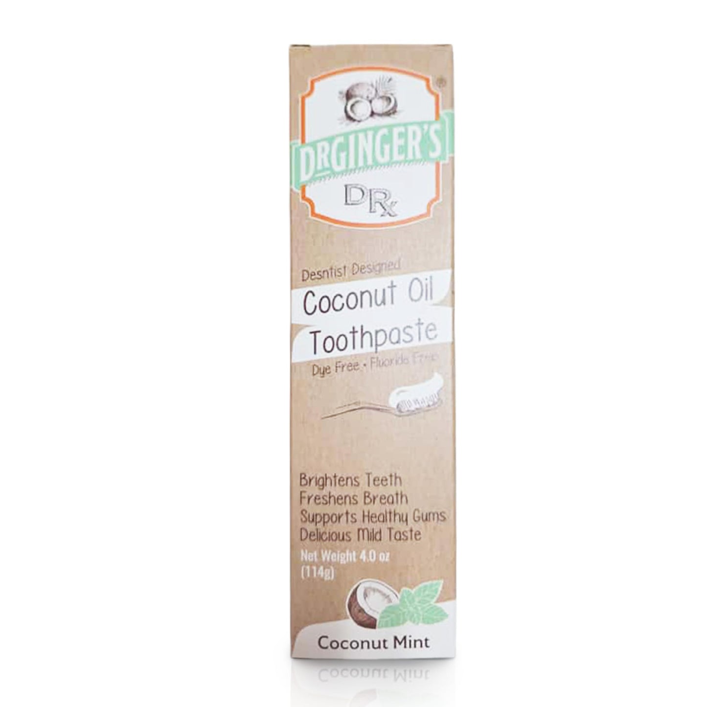 Dr. Ginger's Coconut Oil Fluoride-Free 4oz | Natural Toothpaste, Dentist Formulated
