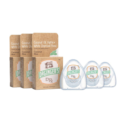 Dr. Ginger's White Charcoal Dental Floss - Flat Glide for Tight Gaps, 32 yd x 3 pcs