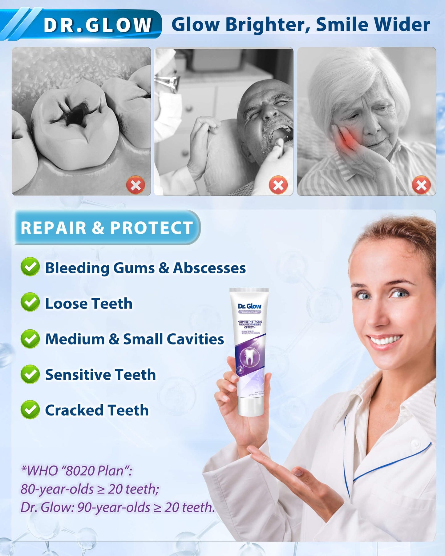 Dr. Glow Gingivitis Treatment Toothpaste for Elderly & Mid-Aged, Gum Repair for Receding Gums Hydroxyapatite Toothpaste, Periodontal Disease Treatment for Seniors, Fluoride Free Gum Disease Treatment
