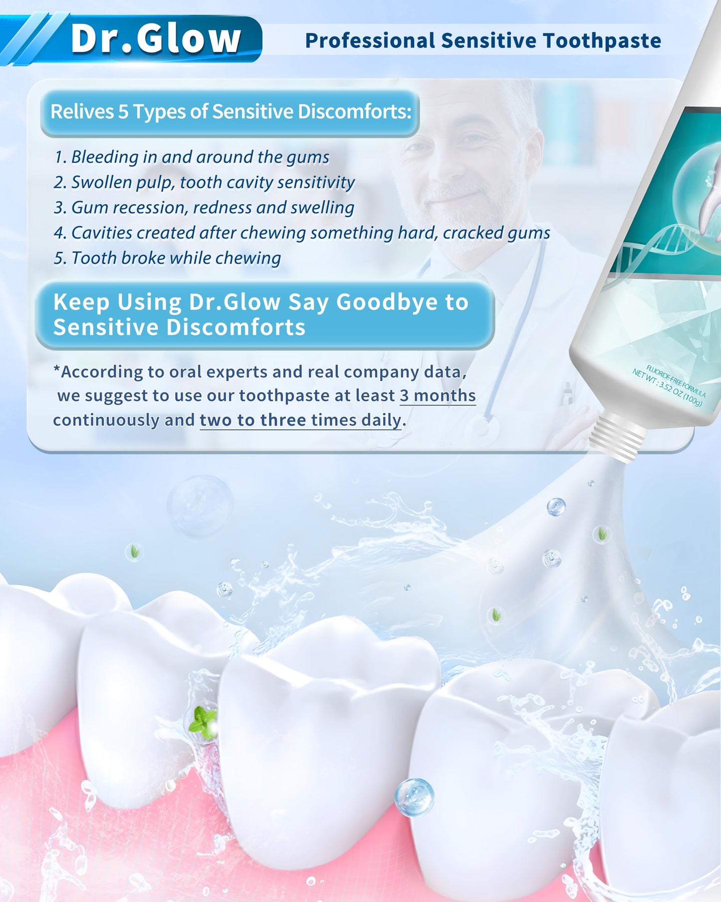 Dr. Glow Sensitive Toothpaste Fluoride Free Hydroxyapatite Toothpaste for Remineralizing Enamel & Sensitive Relief, Mint Flavor