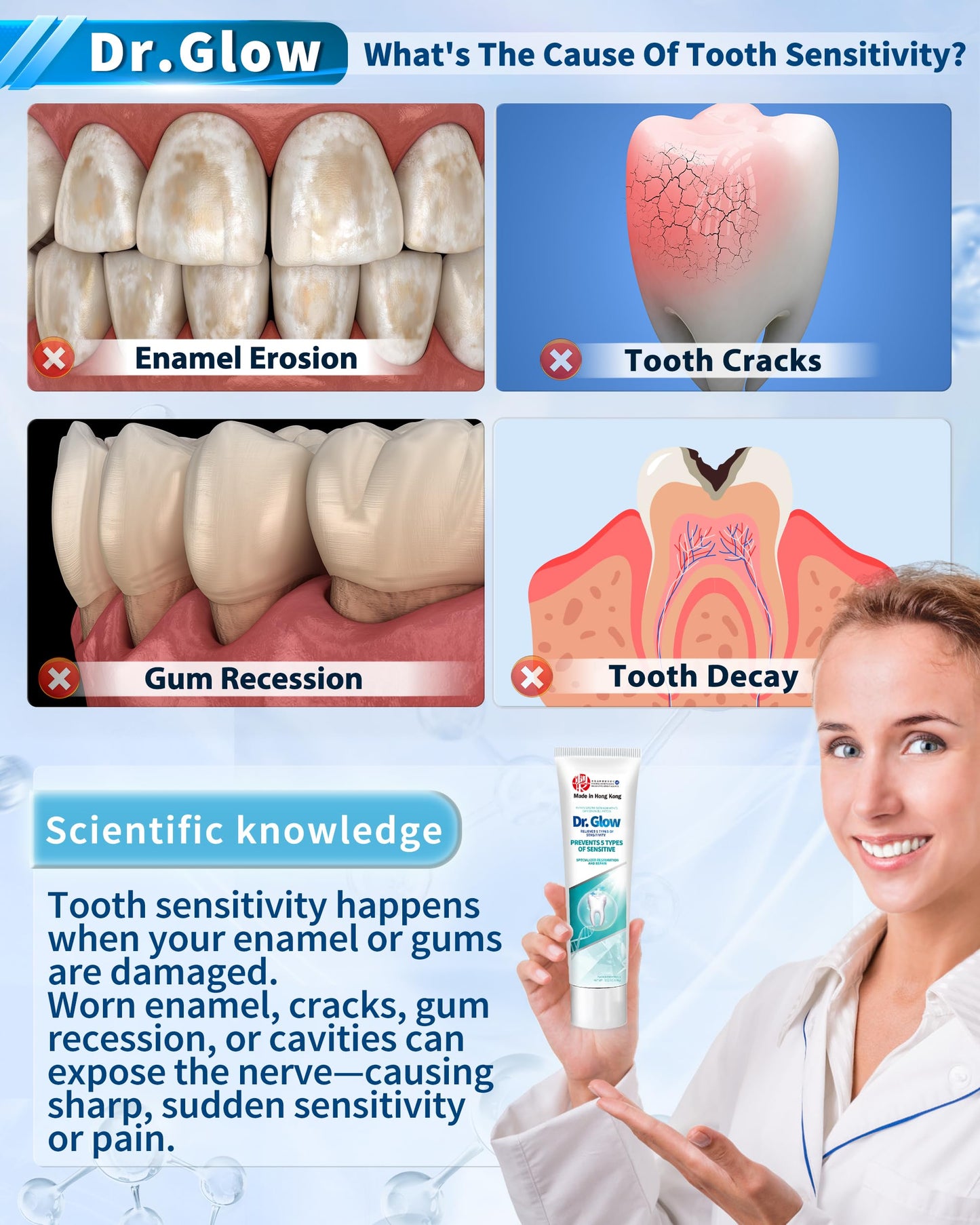 Dr. Glow Sensitive Toothpaste Fluoride Free Hydroxyapatite Toothpaste for Remineralizing Enamel & Sensitive Relief, Mint Flavor
