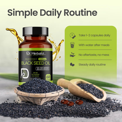 Dr. HERBALIST Black Seed Oil 1600mg – 60 Softgels | Cold-Pressed Organic Nigella Sativa