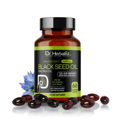 Dr. HERBALIST Black Seed Oil 1600mg – 60 Softgels | Cold-Pressed Organic Nigella Sativa