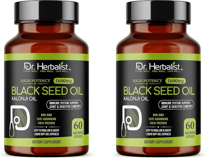 Dr. HERBALIST Black Seed Oil Capsules - 120 Count, 1600mg Per Serving | Organic Cold-Pressed Nigella Sativa