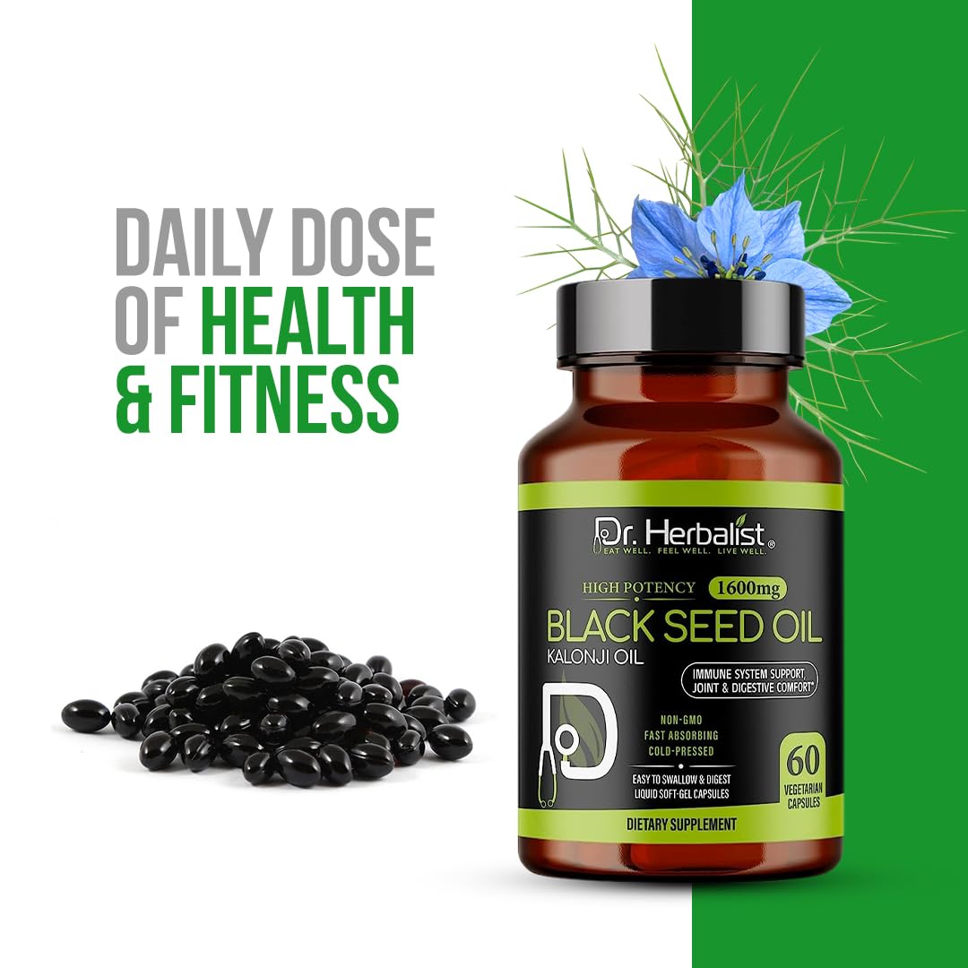 Dr. HERBALIST Black Seed Oil Capsules - 120 Count, 1600mg Per Serving | Organic Cold-Pressed Nigella Sativa