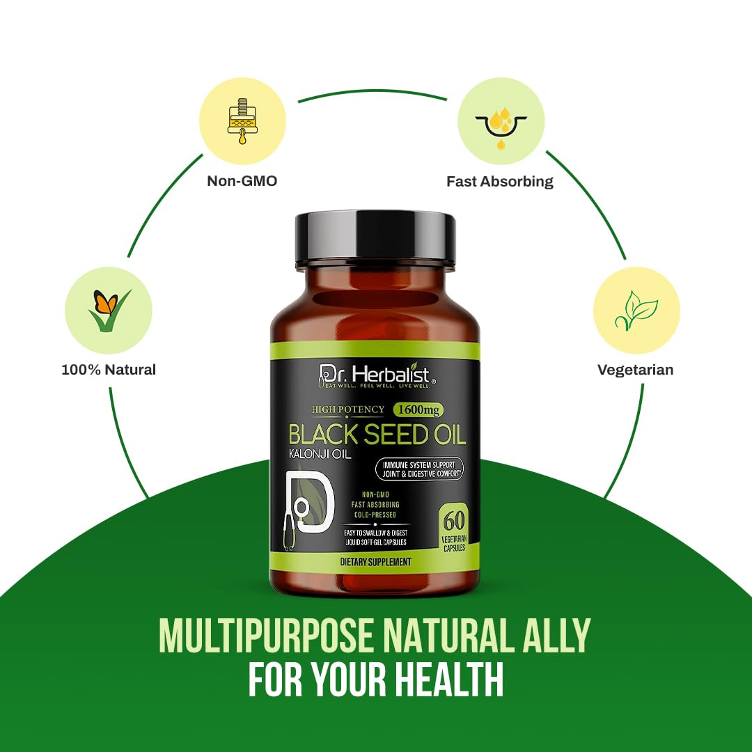 Dr. HERBALIST Black Seed Oil Capsules - 120 Count, 1600mg Per Serving | Organic Cold-Pressed Nigella Sativa