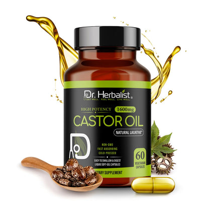 Dr. HERBALIST Castor Oil Capsules - 1600mg/Serving, 60 Count | Non-GMO, Cold-Pressed, Vegetarian