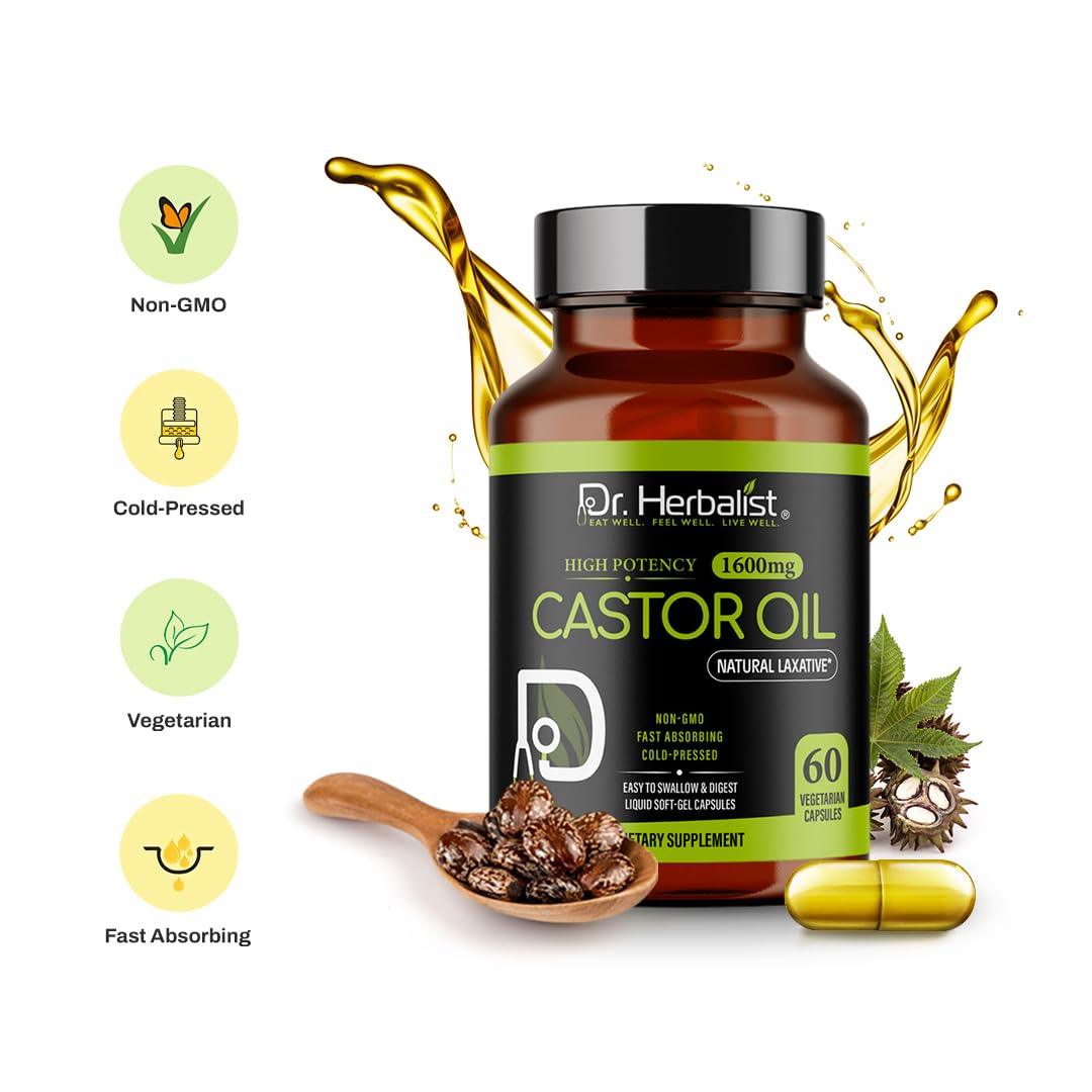 Dr. HERBALIST Castor Oil Capsules - 1600mg/Serving, 60 Count | Non-GMO, Cold-Pressed, Vegetarian