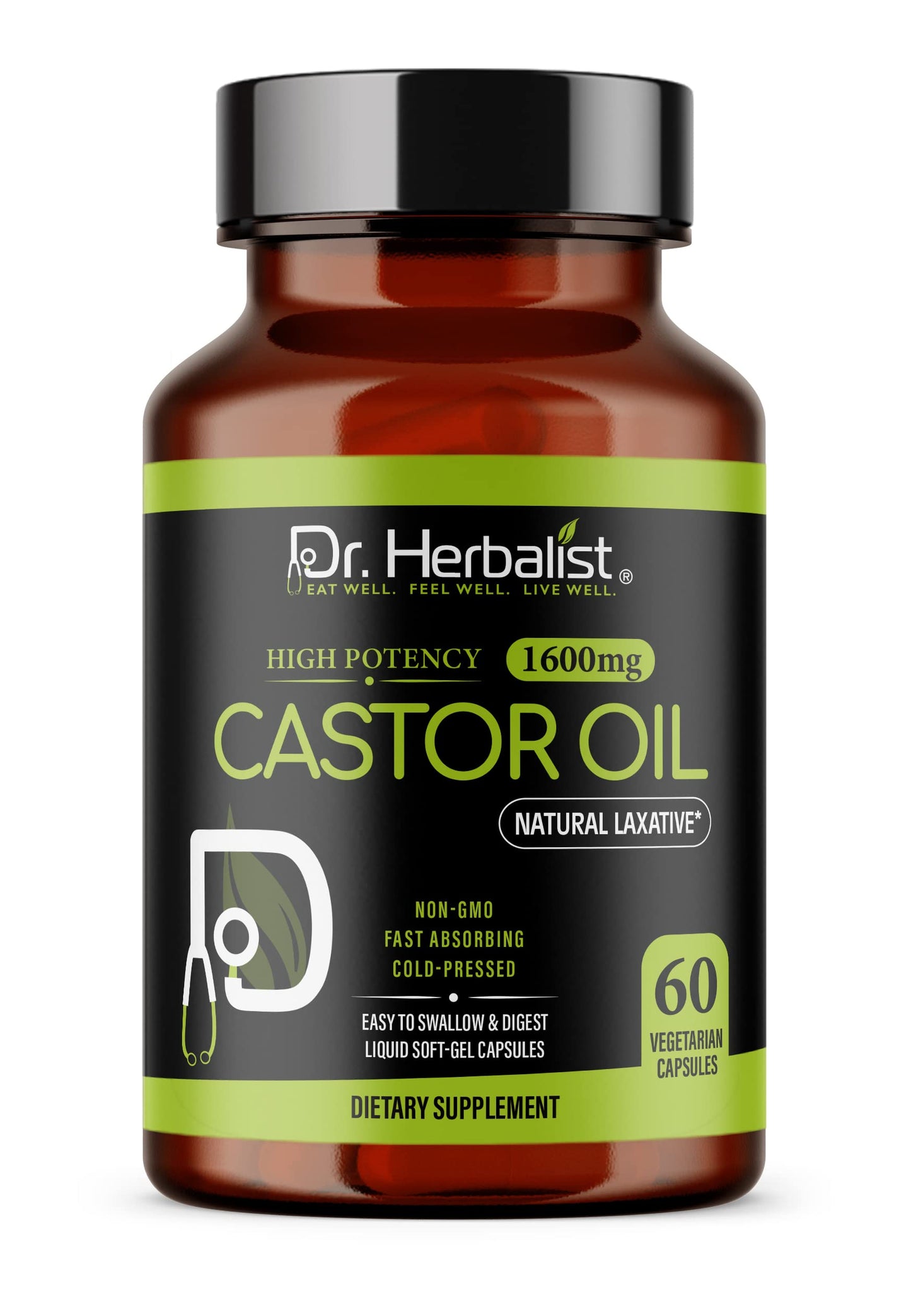 Dr. HERBALIST Castor Oil Capsules - 1600mg/Serving, 60 Count | Non-GMO, Cold-Pressed, Vegetarian
