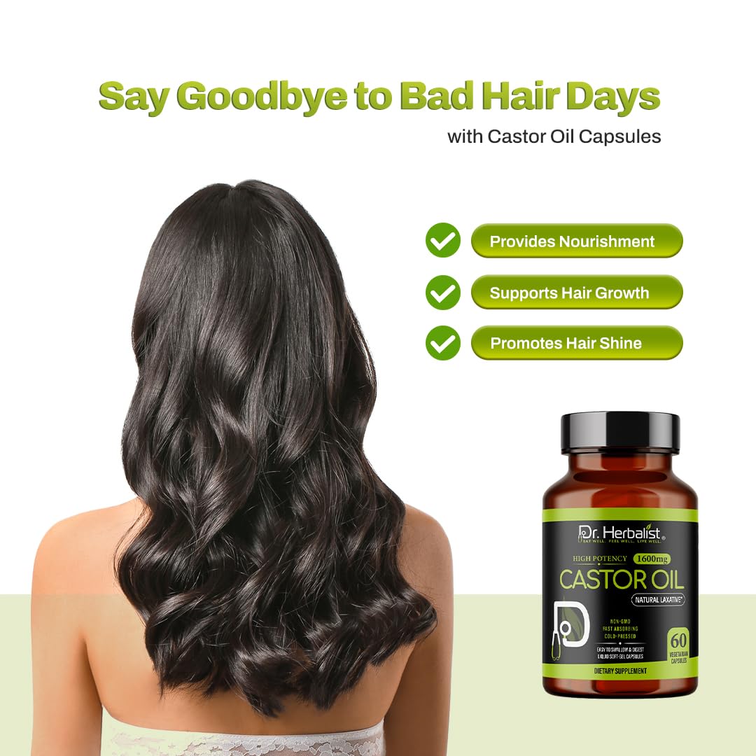 Dr. HERBALIST Castor Oil Capsules - 1600mg/Serving, 60 Count | Non-GMO, Cold-Pressed, Vegetarian