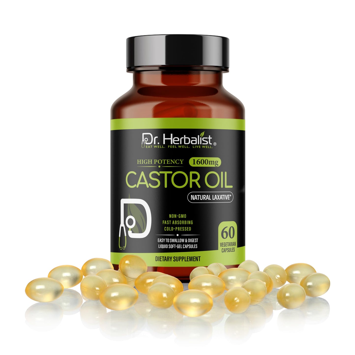 Dr. HERBALIST Castor Oil Capsules - 1600mg/Serving, 60 Count | Non-GMO, Cold-Pressed, Vegetarian